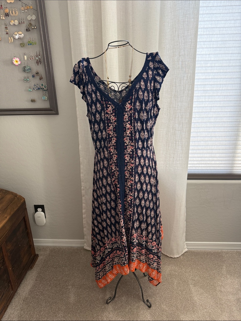 Navy and Coral Printed V-Neck Midi Dress
